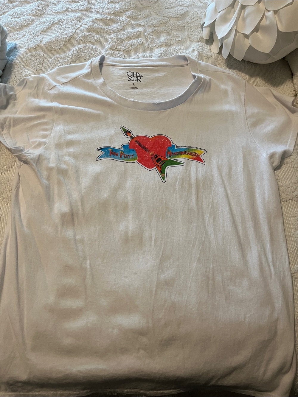 Chaser White Short Sleeve Tee with Red Heart & Multicolor Banner Graphic